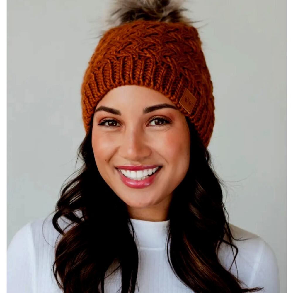 NWOT Panache Rust Braided Knit Hat with Pom Pom